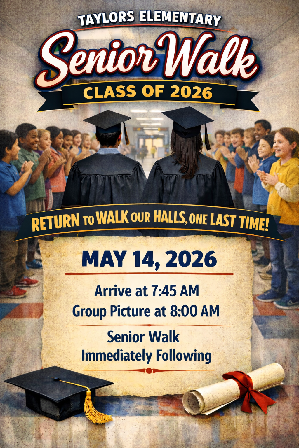Taylors Elementary Senior Walk Class of 2026 , Return to Walk Our Halls, One Last Time! May 14, 2026, Arrive at 7:45 AM, Group Picture at 8:00 AM, Senior Walk Immediately Following